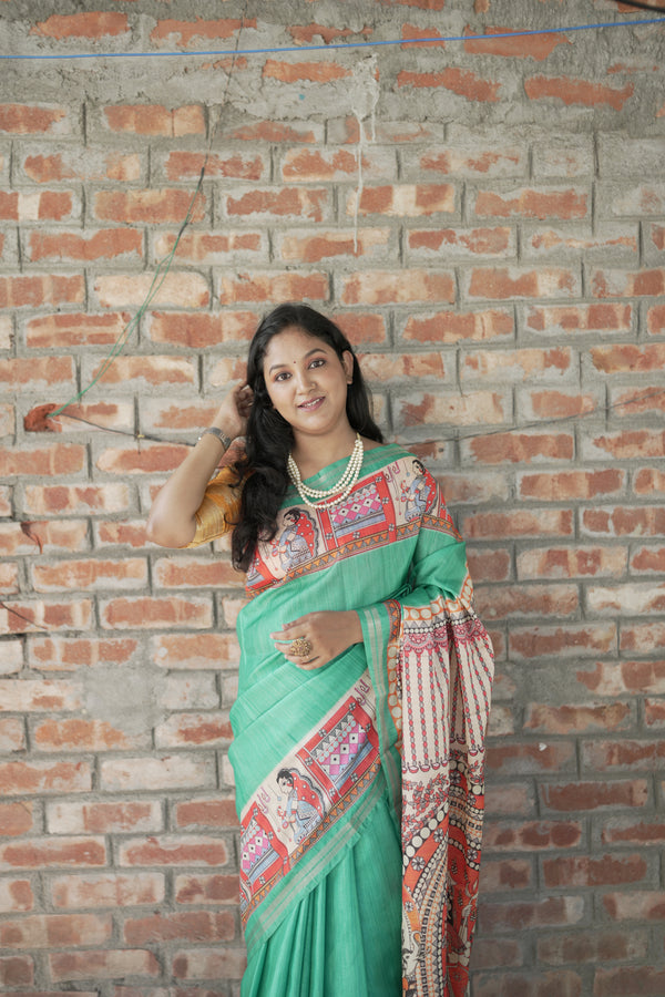 Rama Pure Tussar Silk Saree with Madhubani Digital Prints