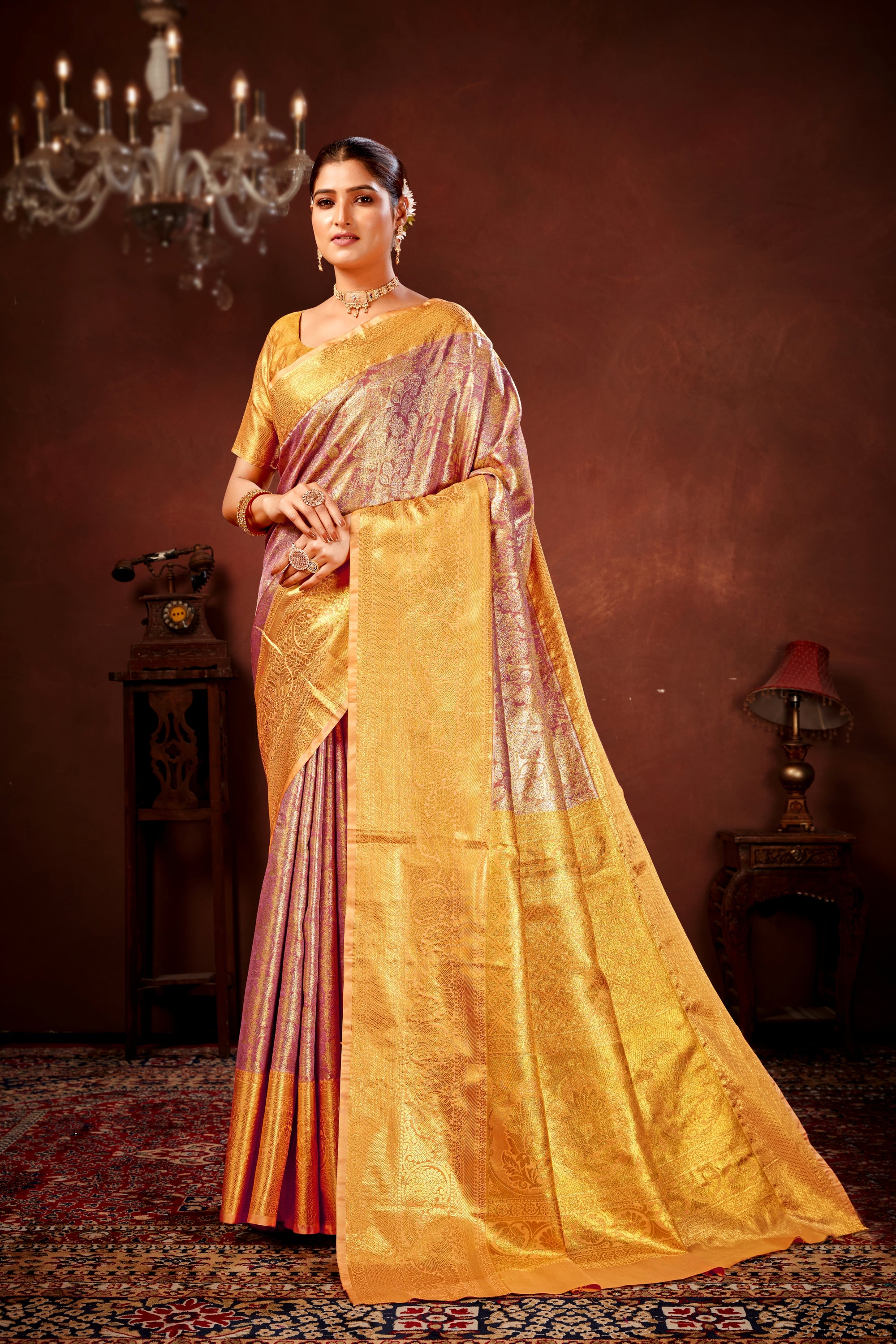 Mauve Pink Pure Dharamavaram Silk Saree with Meenakari Zari Weave & Contrast Rich Pallu