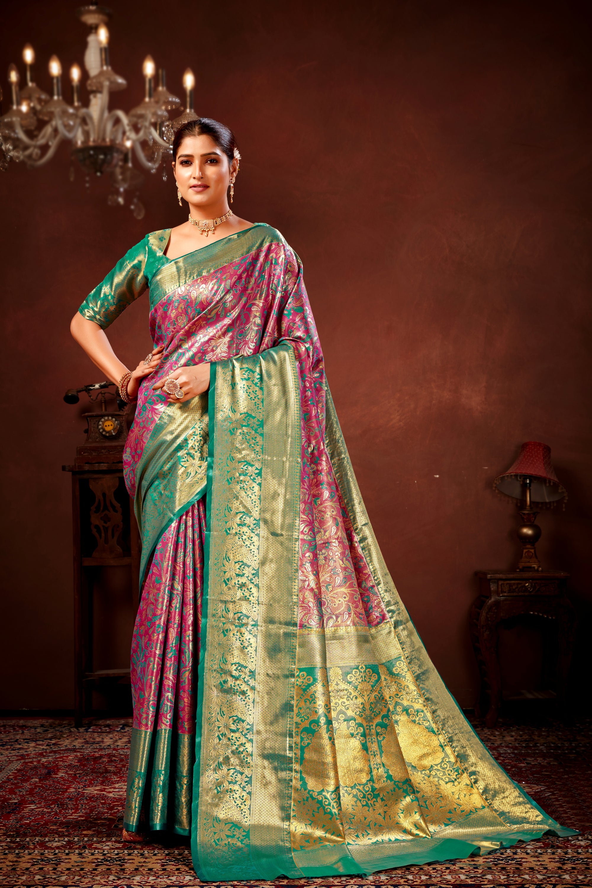 Magenta Pure Dharamavaram Silk Saree with Meenakari Zari Weave & Contrast Rich Pallu