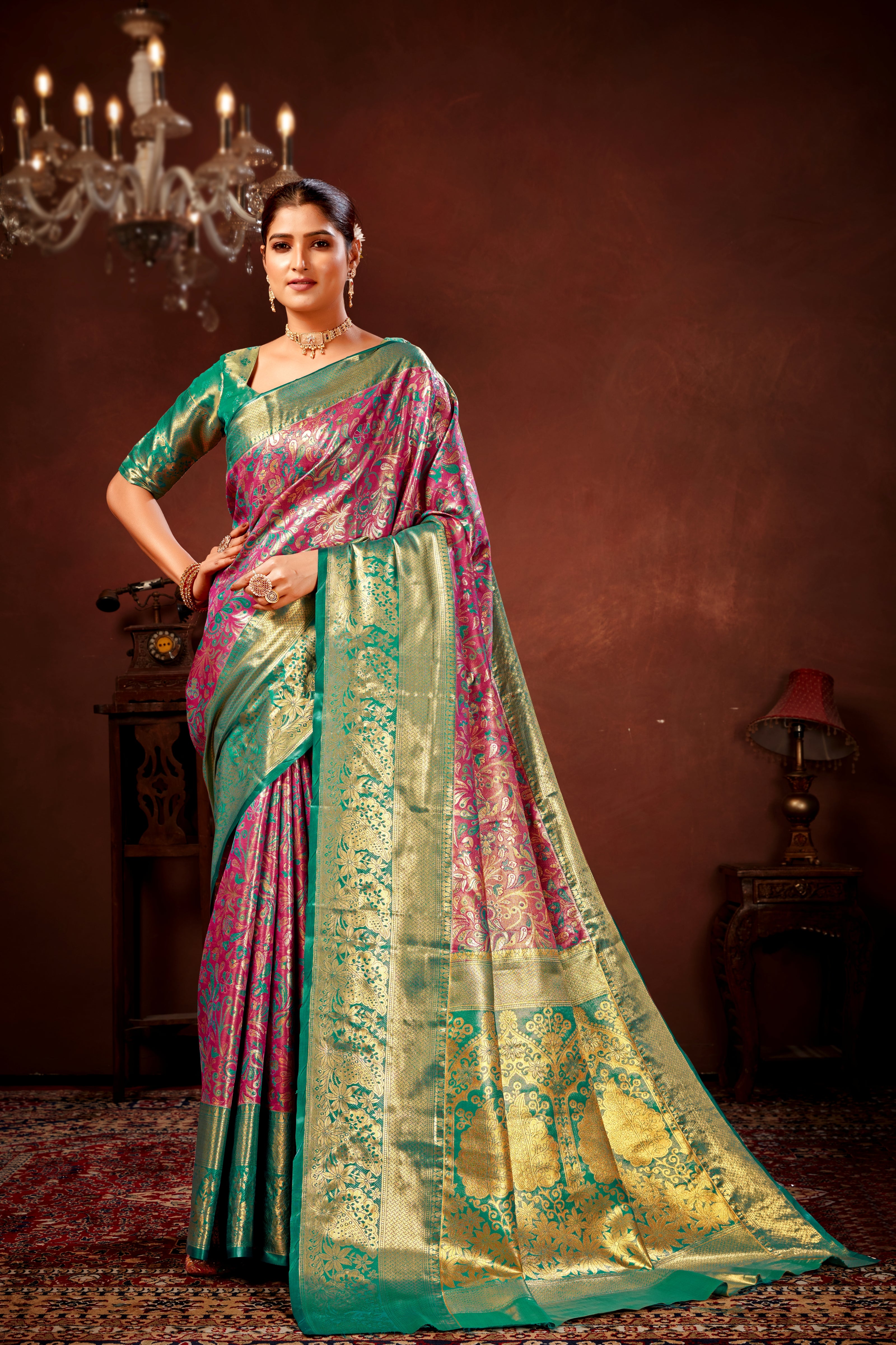 Magenta Pure Dharamavaram Silk Saree with Meenakari Zari Weave & Contrast Rich Pallu