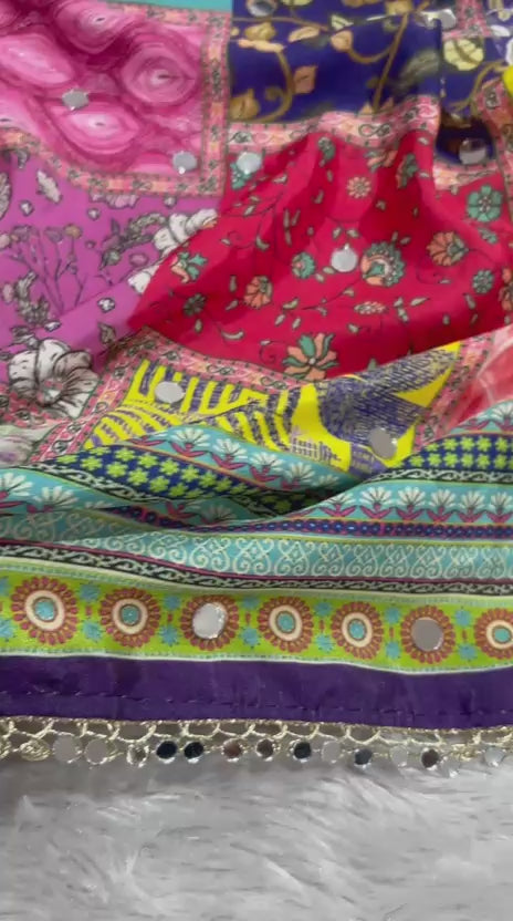 Rangrezza Crepe Silk Saree – Purple Multicolor Heritage Patchwork Digital Print with Mirror Work