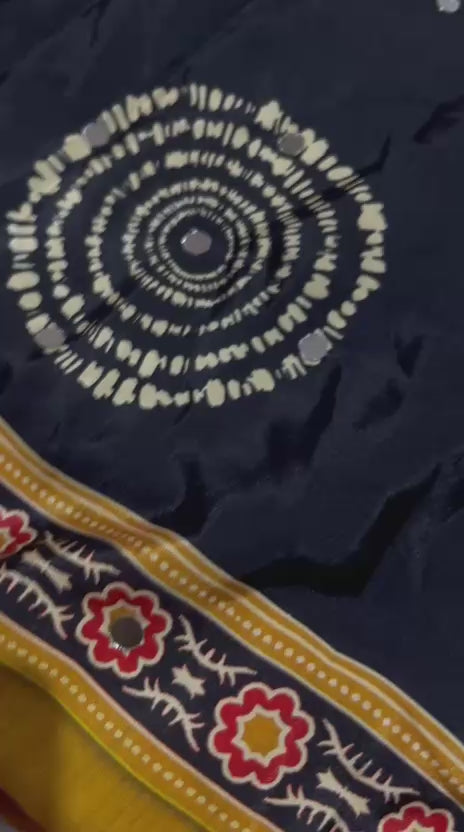 Ajrika Crepe Silk Saree – Black Mustard Ajrakh Digital Print with Mirror Work