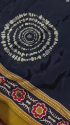 Ajrika Crepe Silk Saree – Black Mustard Ajrakh Digital Print with Mirror Work