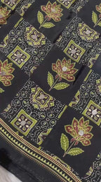 Ajrika Crepe Silk Saree – Black Ajrakh Digital Print with Mirror Work