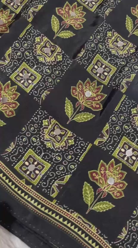Ajrika Crepe Silk Saree – Black Ajrakh Digital Print with Mirror Work