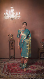 Rustic Orange Pure Dharamavaram Silk Saree with Meenakari Zari Weave & Contrast Rich Pallu