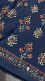 Ajrika Crepe Silk Saree – Navy Blue Ajrakh Digital Print with Mirror Work
