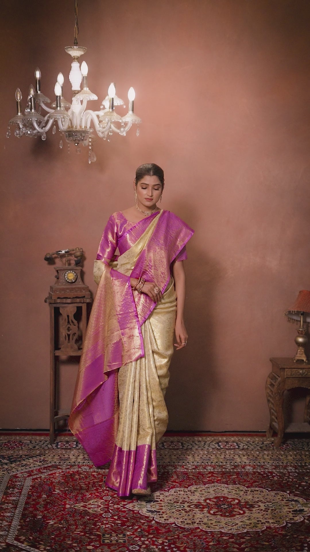 Cream Pure Dharamavaram Silk Saree with Meenakari Zari Weave & Contrast Rich Pallu