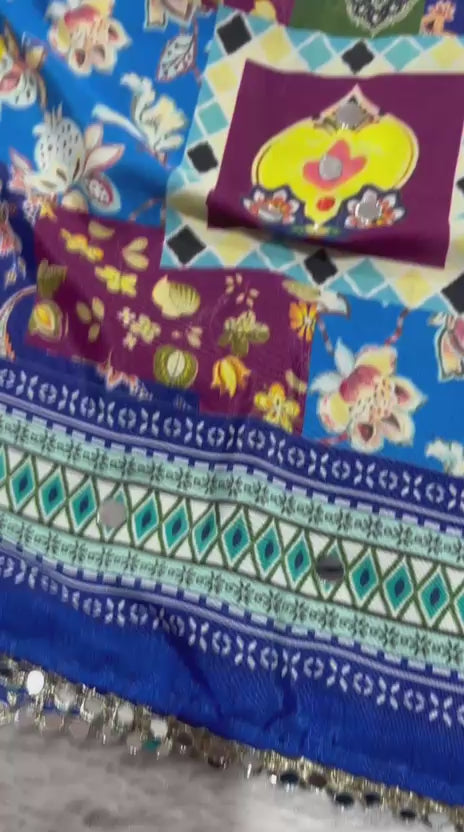 Rangrezza Crepe Silk Saree – Royal Blue Multicolor Heritage Patchwork Digital Print with Mirror Work