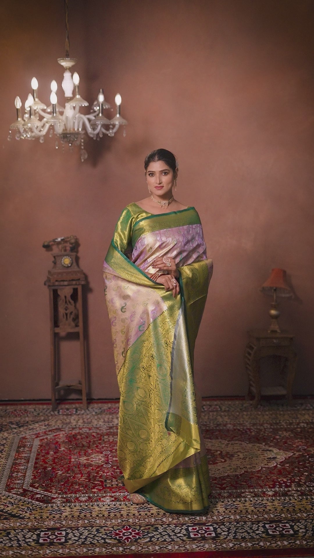 Onion Pure Dharamavaram Silk Saree with Meenakari Zari Weave & Contrast Rich Pallu
