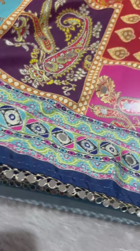 Rangrezza Crepe Silk Saree – Royal Blue Multicolor Heritage Digital Print with Mirror Work