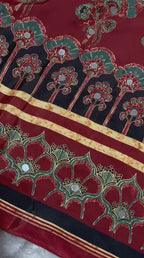 Ajrika Crepe Silk Saree – Maroon Ajrakh Digital Print with Mirror Work