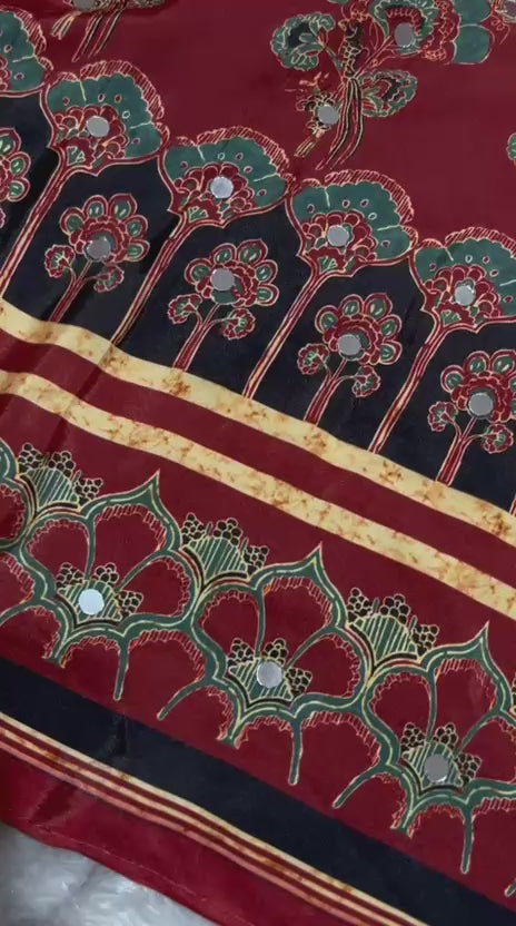 Ajrika Crepe Silk Saree – Maroon Ajrakh Digital Print with Mirror Work