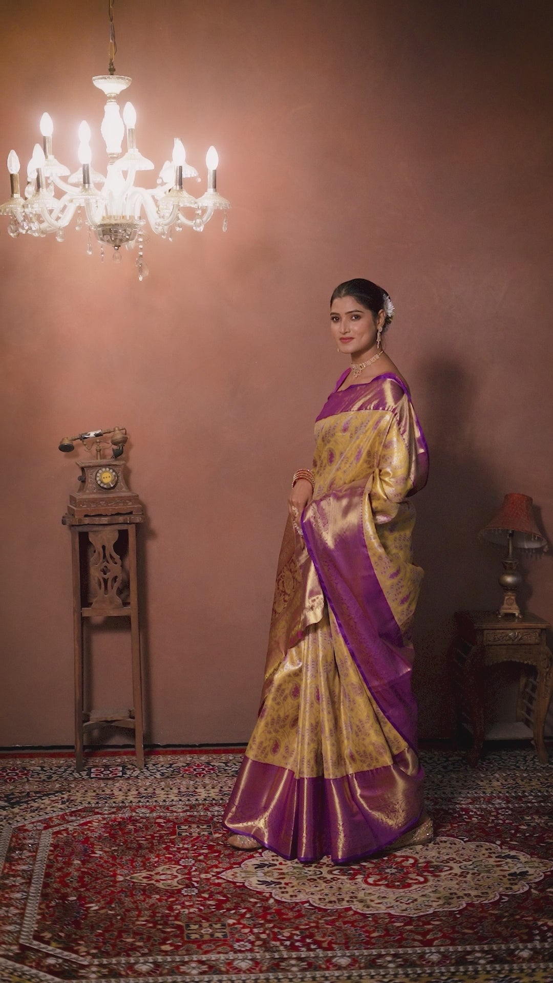 Gold Pure Dharamavaram Silk Saree with Meenakari Zari Weave & Contrast Rich Pallu