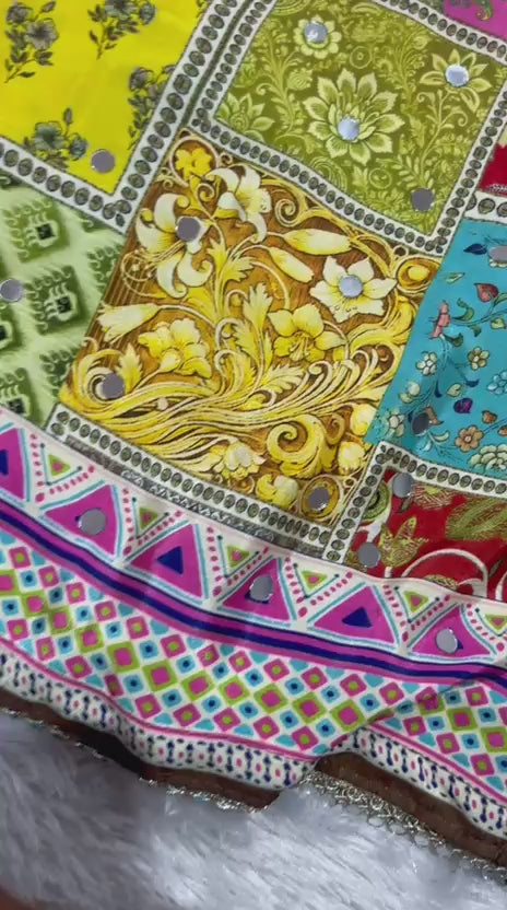 Rangrezza Crepe Silk Saree – Multicolor Heritage Patchwork Digital Print with Mirror Work