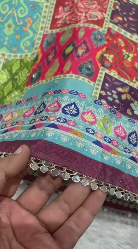 Rangrezza Crepe Silk Saree – Wine Purple Multicolor Heritage Patchwork Digital Print with Mirror Work