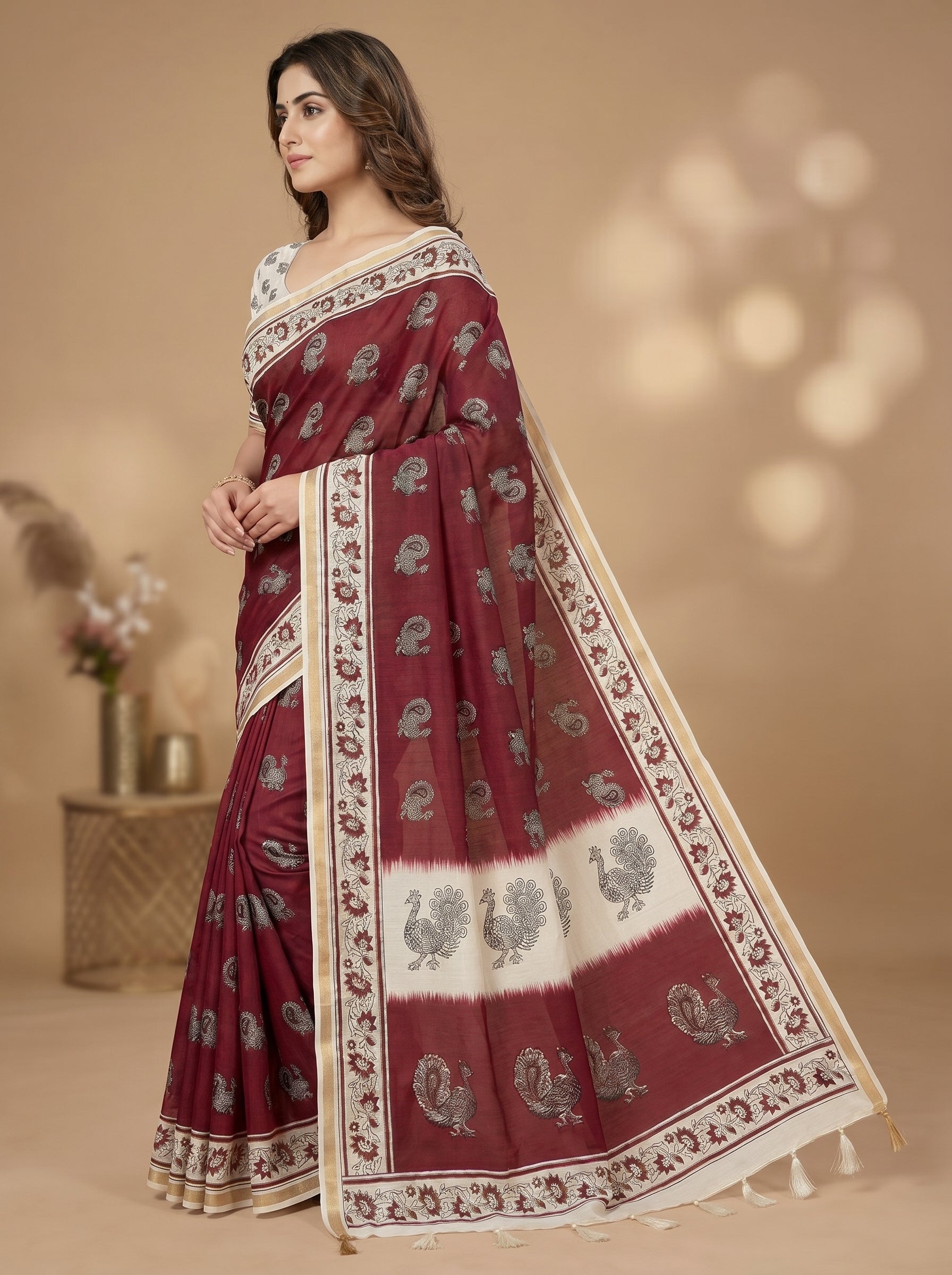 Zariya Cotton Blend Saree – Royal Maroon