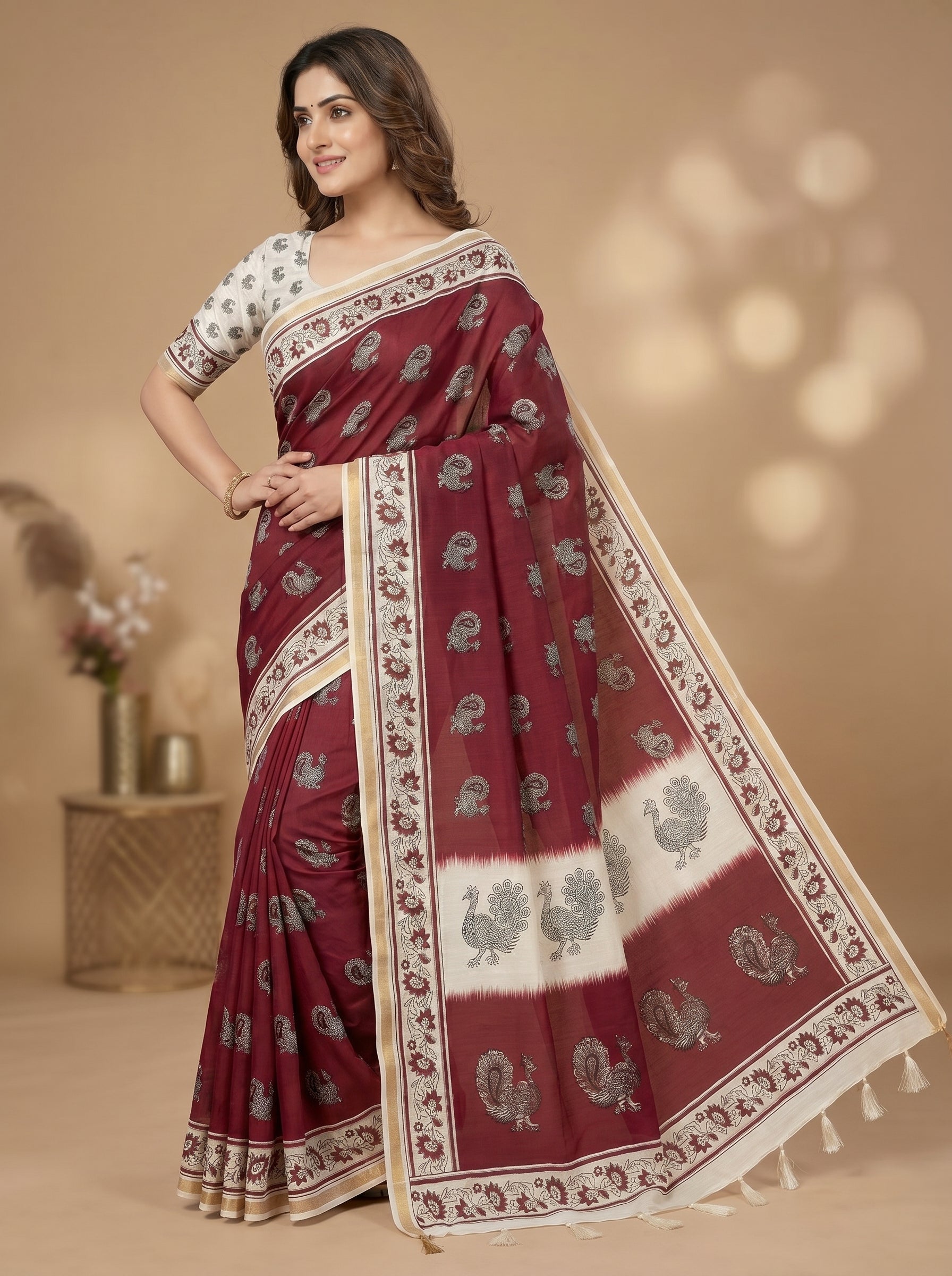 Zariya Cotton Blend Saree – Royal Maroon