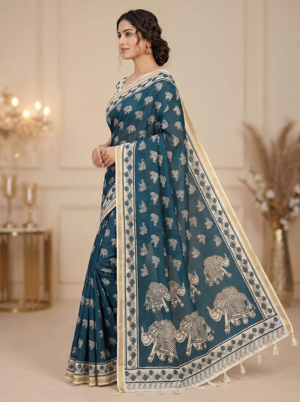 Zariya Cotton Blend Saree – Midnight Indigo