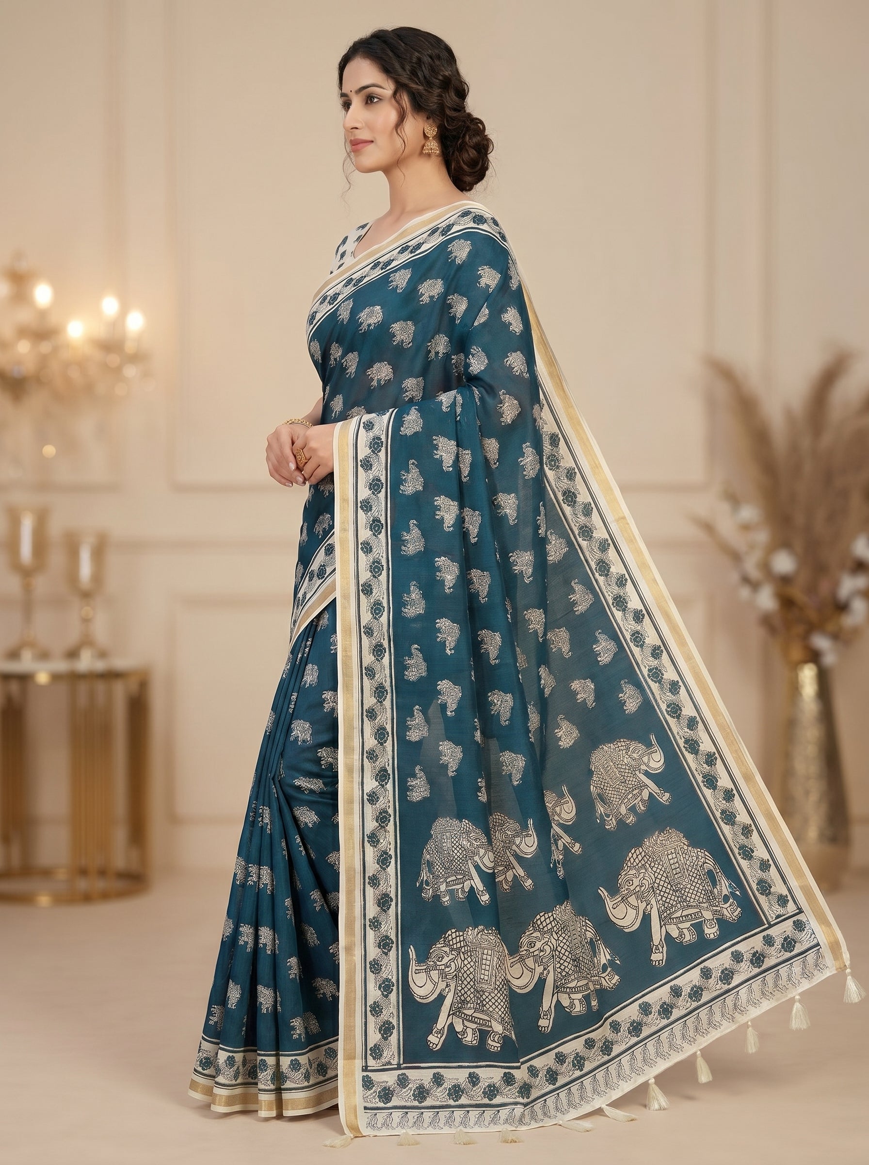 Zariya Cotton Blend Saree – Midnight Indigo