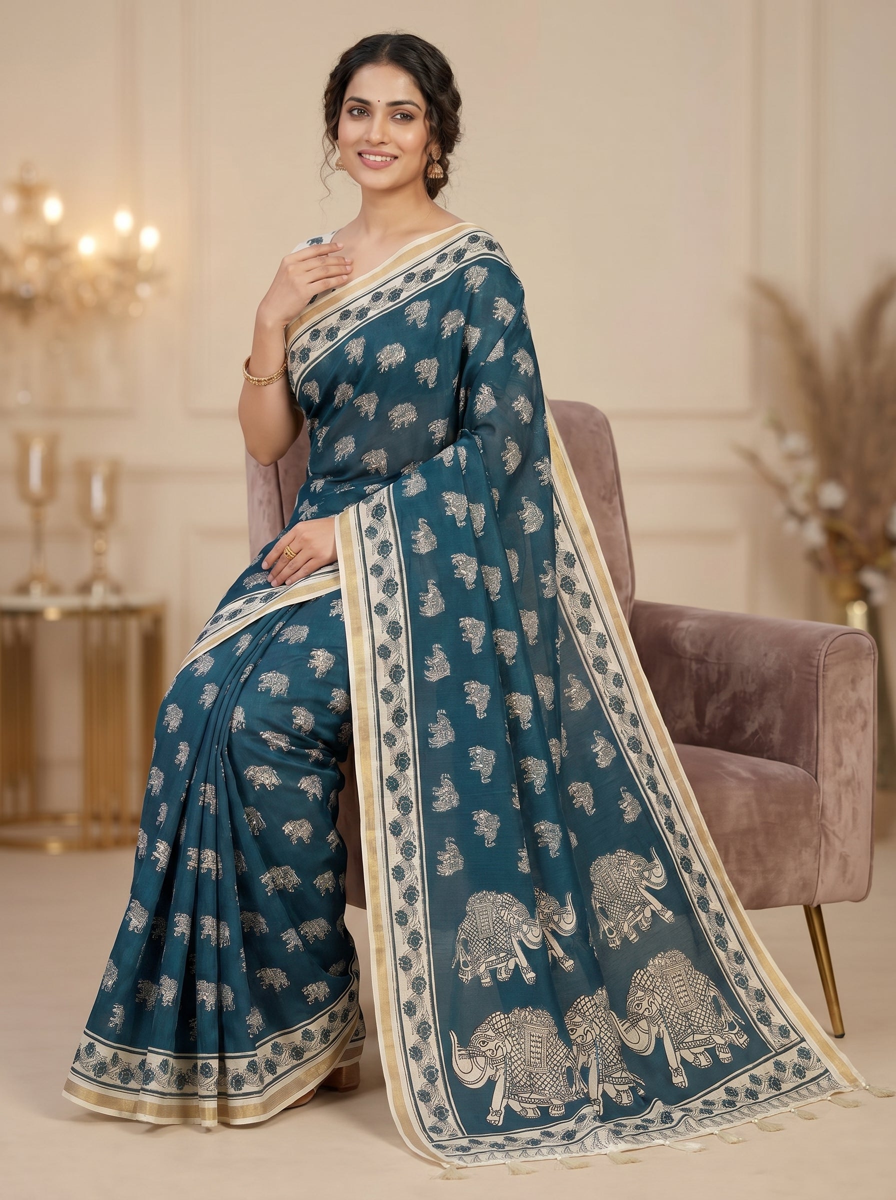 Zariya Cotton Blend Saree – Midnight Indigo