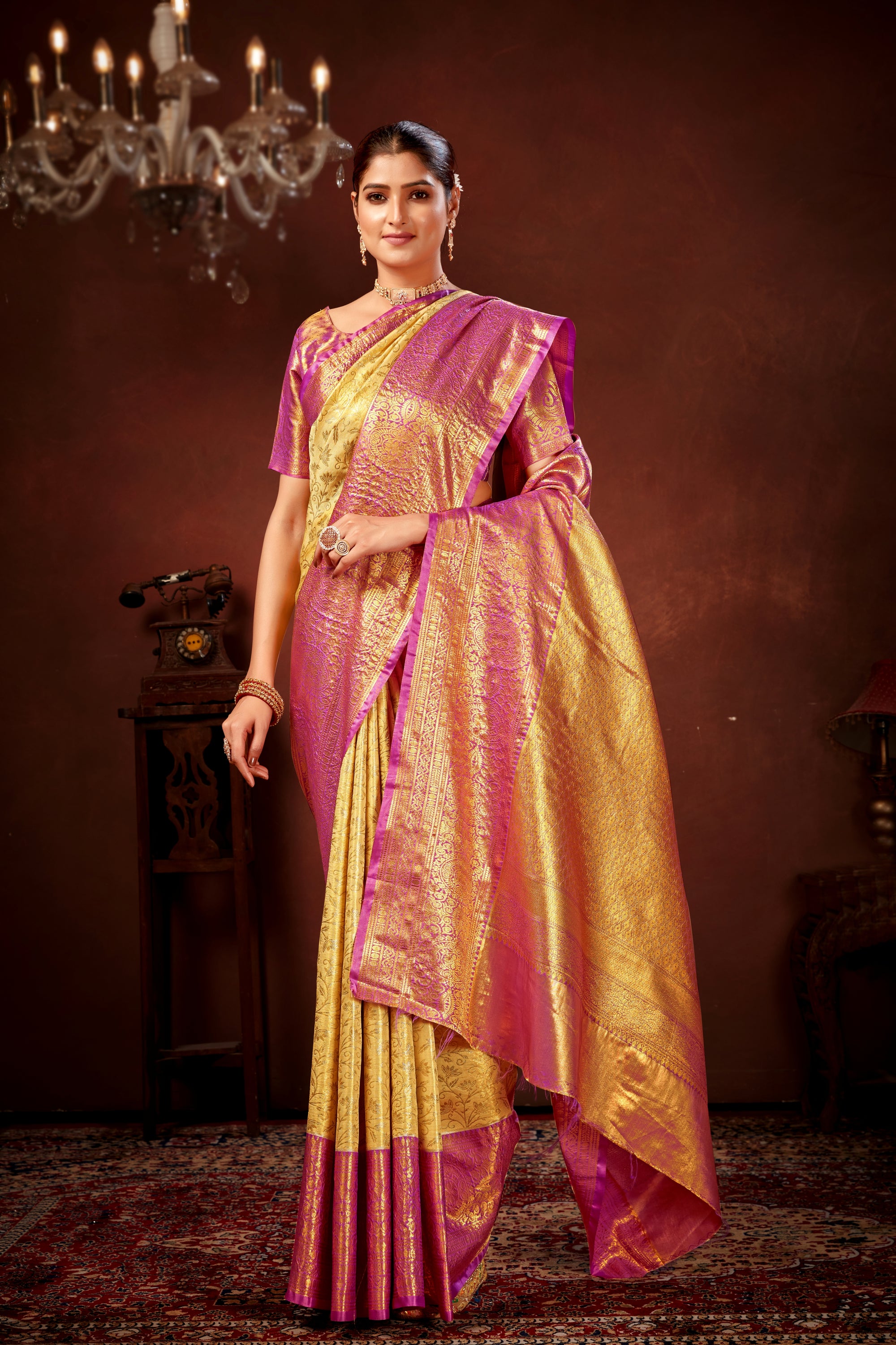 Cream Pure Dharamavaram Silk Saree with Meenakari Zari Weave & Contrast Rich Pallu