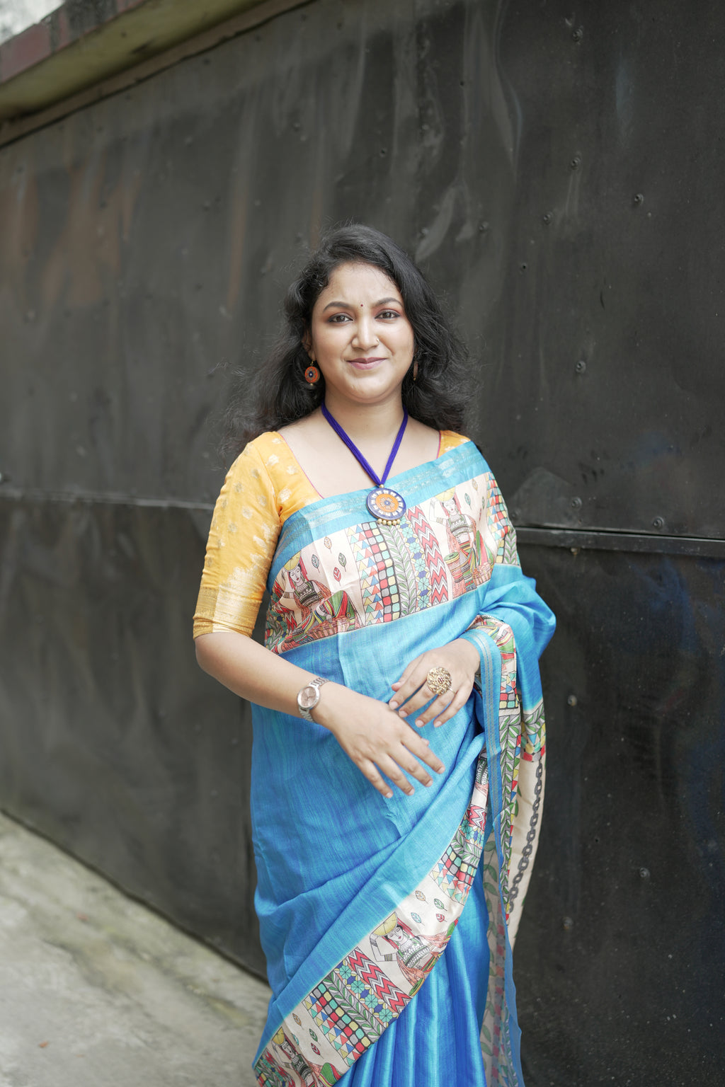 Blue Pure Tussar Silk Saree with Madhubani Digital Prints