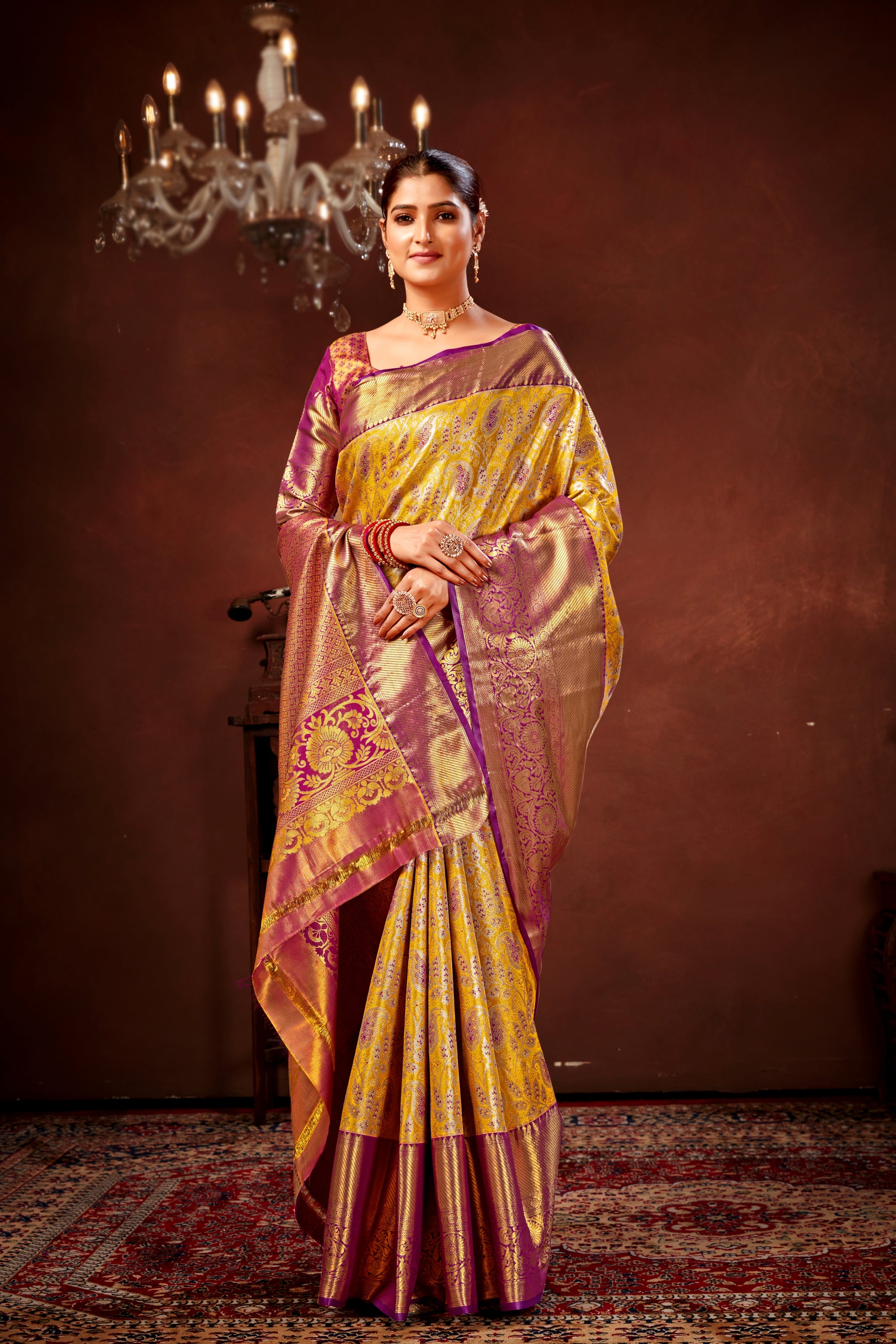 Gold Pure Dharamavaram Silk Saree with Meenakari Zari Weave & Contrast Rich Pallu