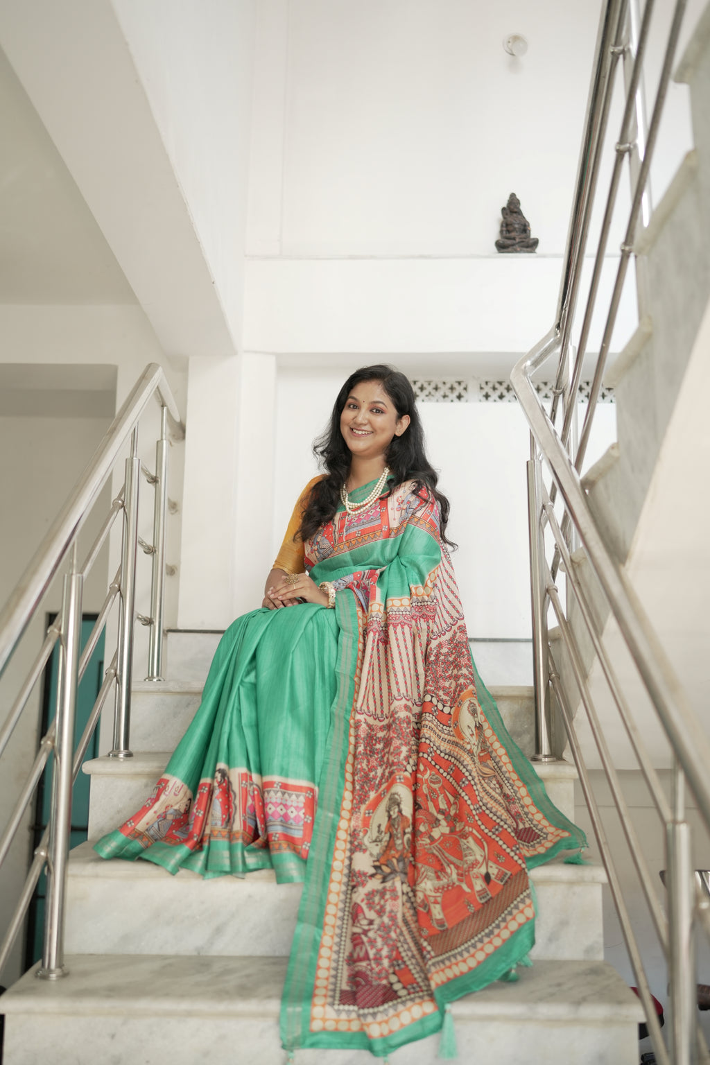 Rama Pure Tussar Silk Saree with Madhubani Digital Prints