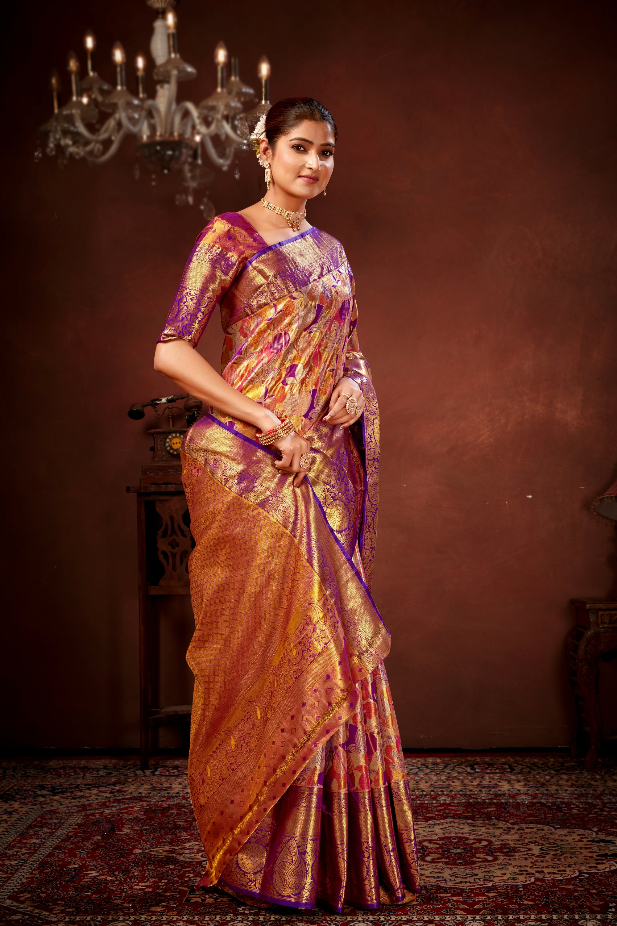 Purple Pure Dharamavaram Silk Saree with Meenakari Zari Weave & Contrast Rich Pallu