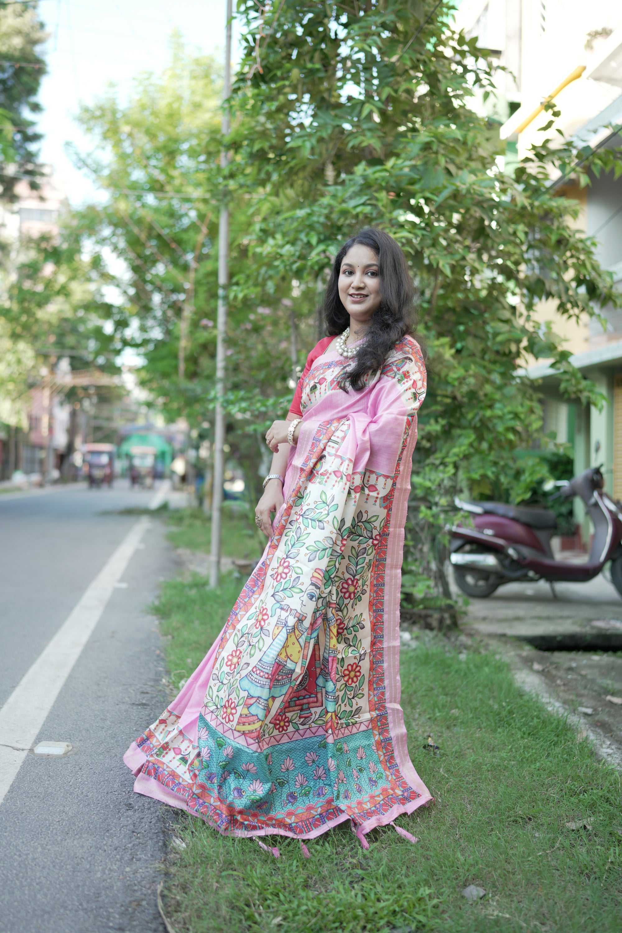 Pink Pure Tussar Silk Saree with Madhubani Digital Prints