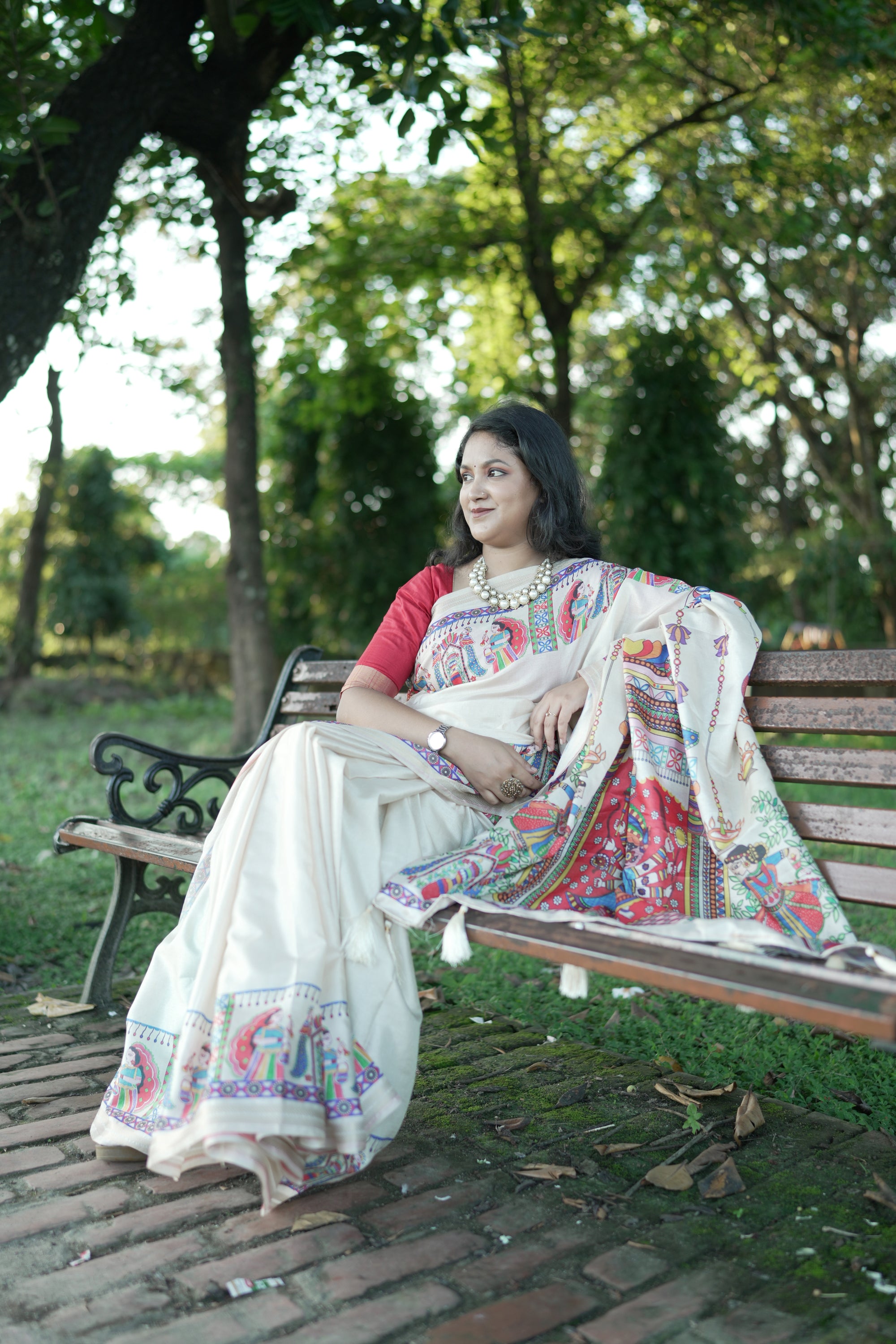 Cream Pure Tussar Silk Saree with Madhubani Digital Prints