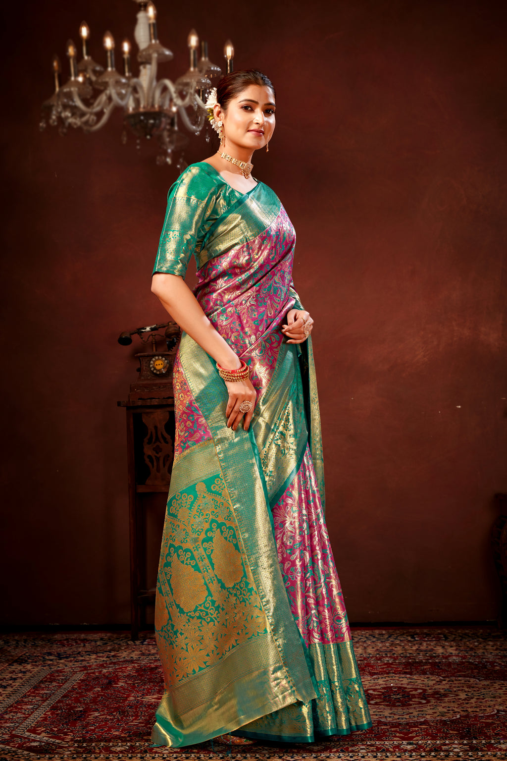 Magenta Pure Dharamavaram Silk Saree with Meenakari Zari Weave & Contrast Rich Pallu