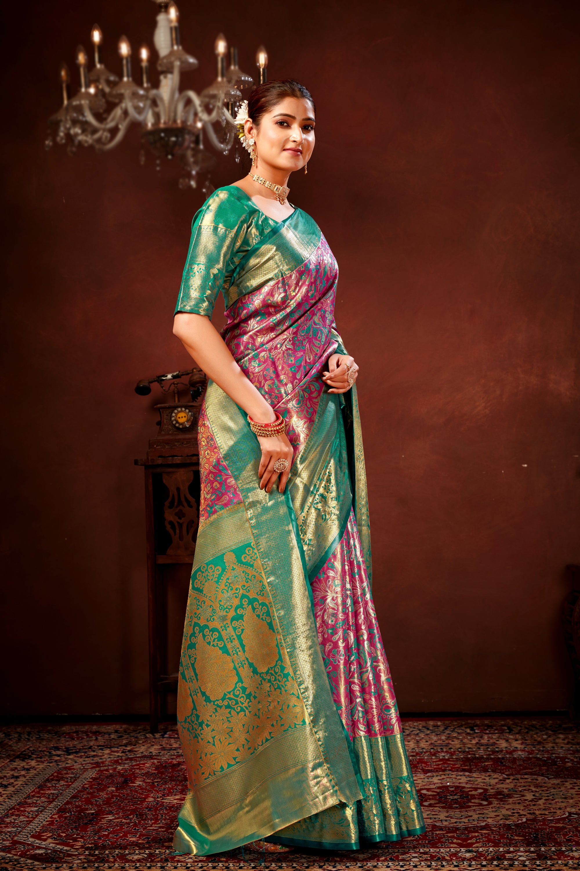 Magenta Pure Dharamavaram Silk Saree with Meenakari Zari Weave & Contrast Rich Pallu