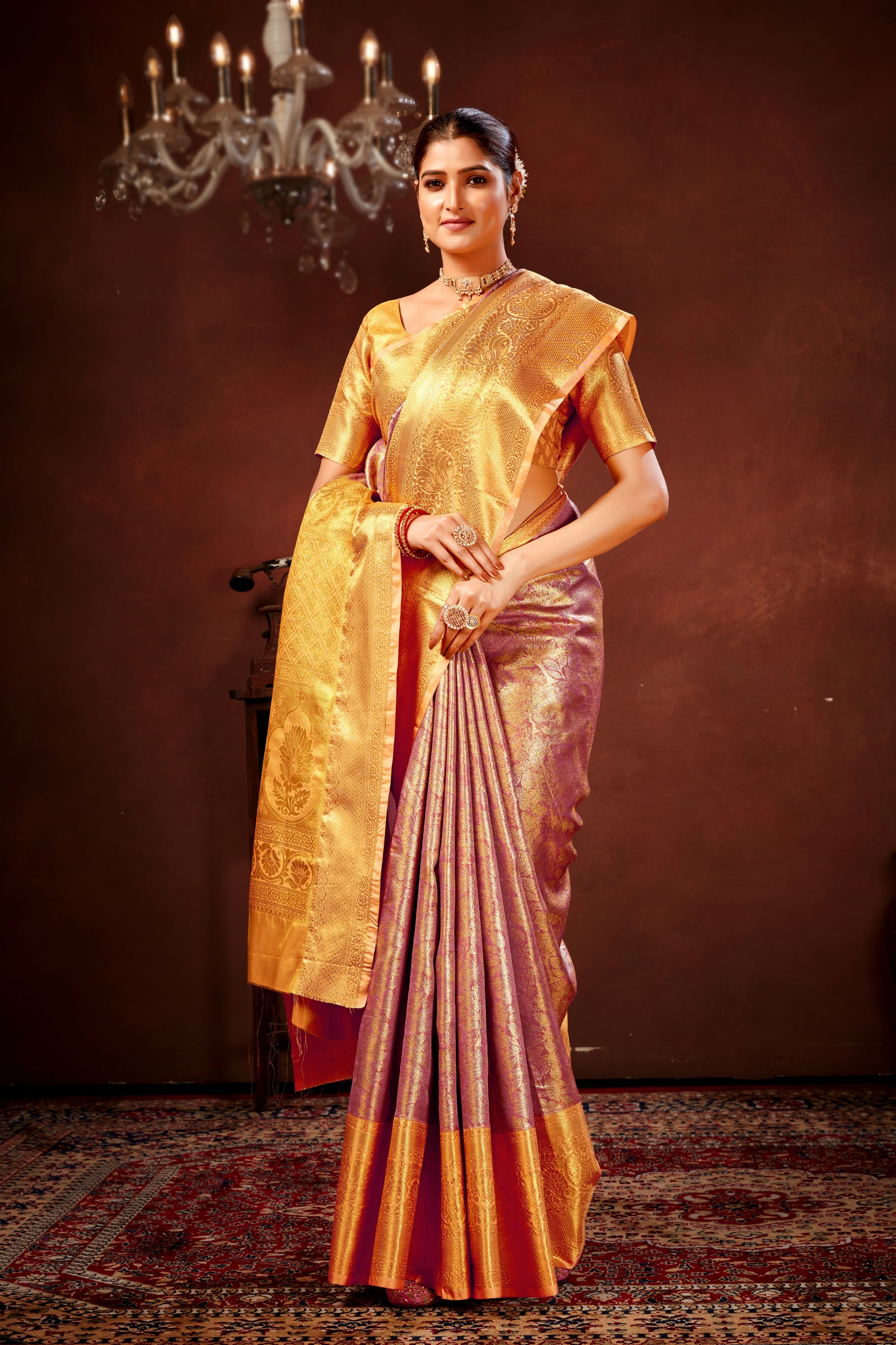 Mauve Pink Pure Dharamavaram Silk Saree with Meenakari Zari Weave & Contrast Rich Pallu
