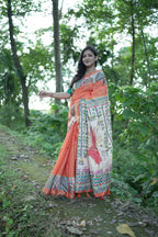 Orange Pure Tussar Silk Saree with Madhubani Digital Prints