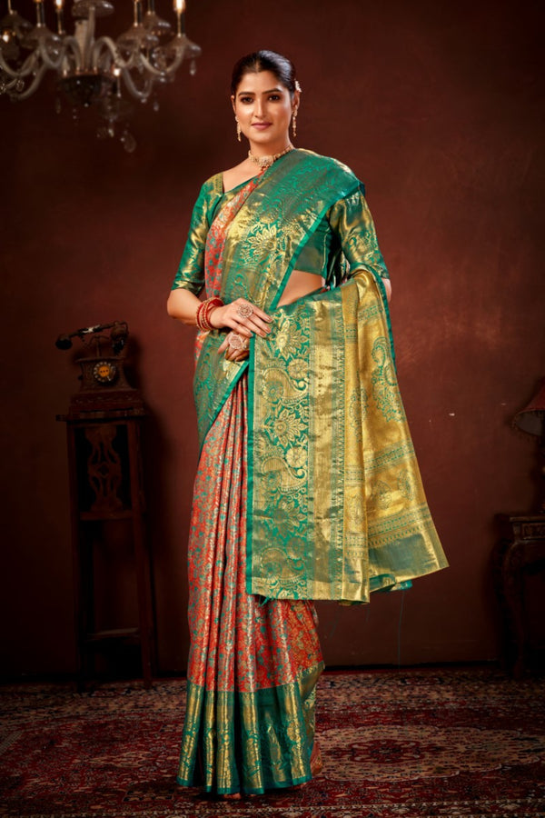 Rustic Orange Pure Dharamavaram Silk Saree with Meenakari Zari Weave & Contrast Rich Pallu