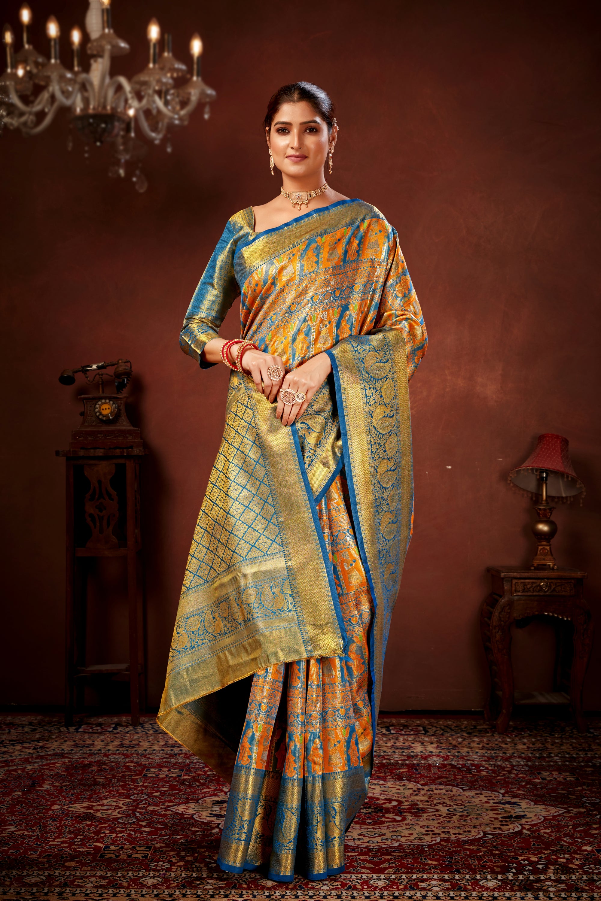 Mustard Pure Dharamavaram Silk Saree with Meenakari Zari Weave & Contrast Rich Pallu