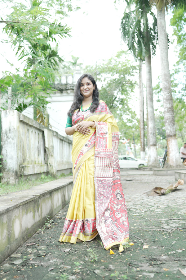 Yellow Pure Tussar Silk Saree with Madhubani Digital Prints